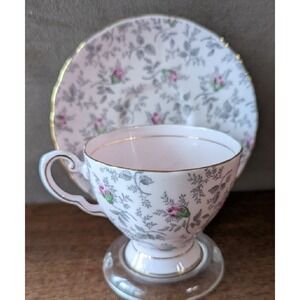 Vintage Tuscan Bone China Rosebud Pink Chintz Footed Tea Cup and Saucer 6 Oz